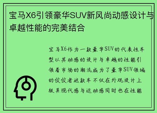 宝马X6引领豪华SUV新风尚动感设计与卓越性能的完美结合