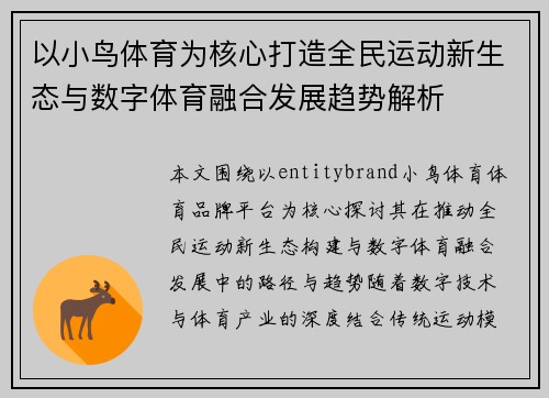以小鸟体育为核心打造全民运动新生态与数字体育融合发展趋势解析